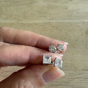 JTV Silver Clear Cubic Zirconia Stud Earrings — Round & Princess Cut